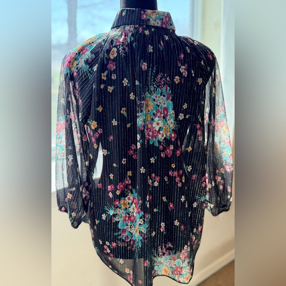 Vintage 90’s sheer black floral button front blouse top gold metallic large - Picture 3 of 12